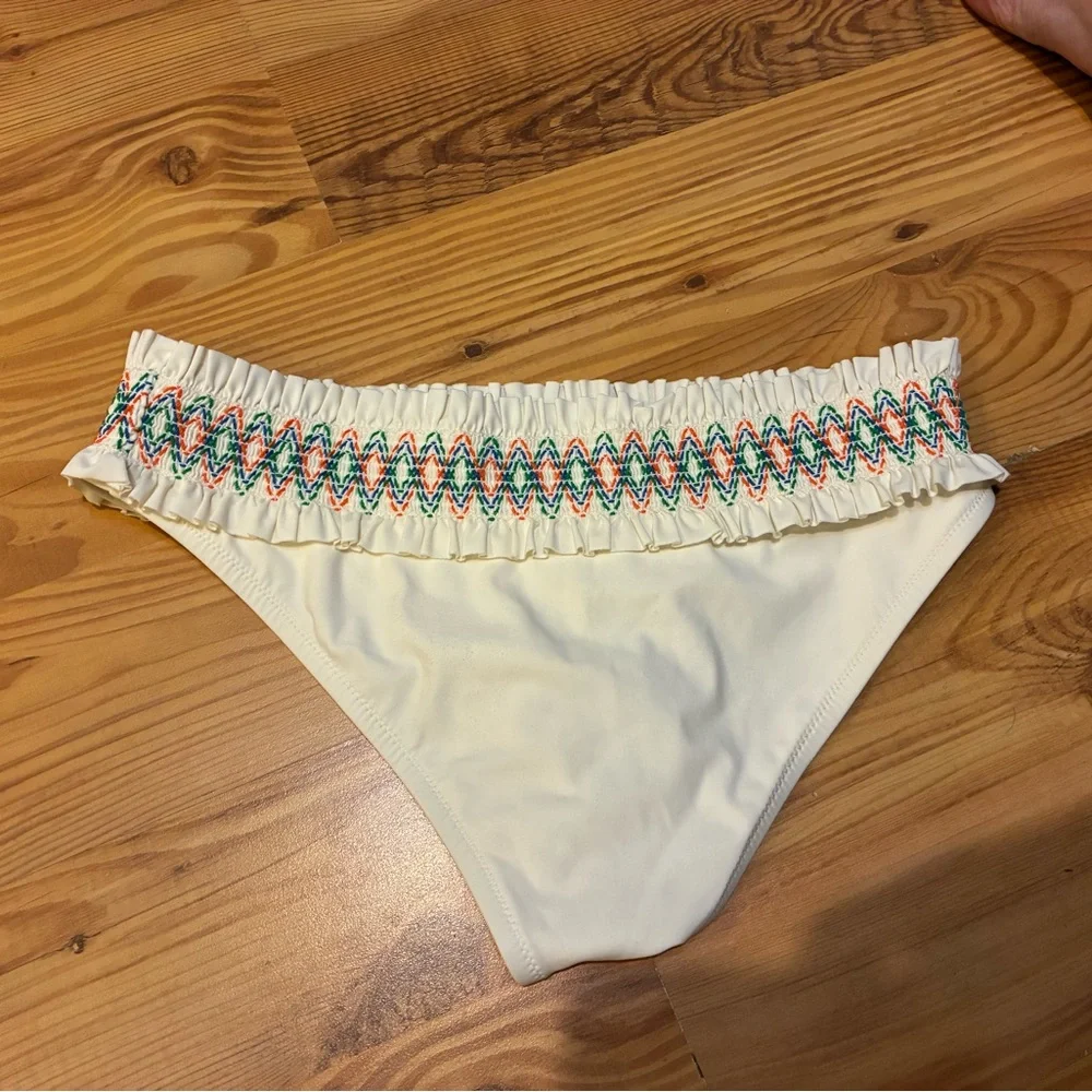 Tory Burch White Smocked Bikini Bottoms XS Ruffle Trim Designer Swim bottom only